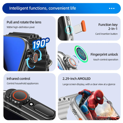DW200 Montre Intelligente Homme WIFI Touch ID NFC Infrarouge avec Caméra Rotative, Déverrouillage par Empreinte Digitale, Fente pour Carte SIM Tactile, Appel Vidéo