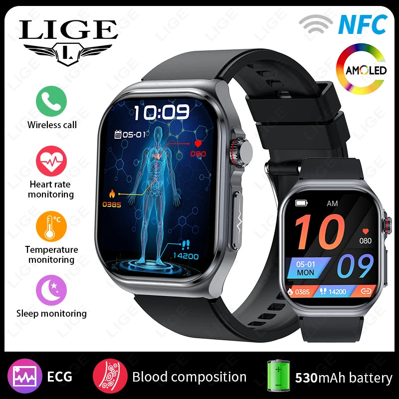 Montre intelligente LIGE AMOLED ET585 pour hommes avec ECG, surveillance de la composition sanguine, appels Bluetooth, suivi de la condition physique pour femmes, smartwatch.