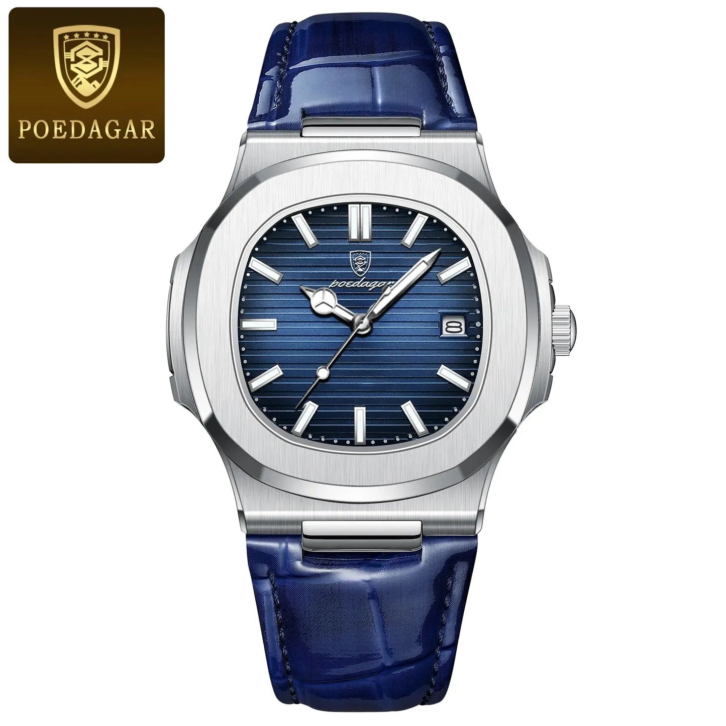 POEDAGAR Montre Homme Carrée Luxe Date Étanche Lumineuse Qualité Supérieure Bracelet Cuir Montre-Bracelet Quartz Homme+Boîte Reloj