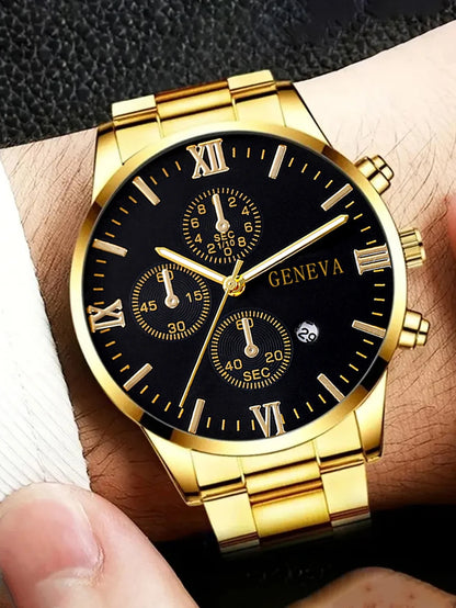 Ensemble de 4 pièces : montre à quartz pour homme en alliage doré de style romain avec calendrier et collier croix, bracelet et bague, cadeau sélectionné