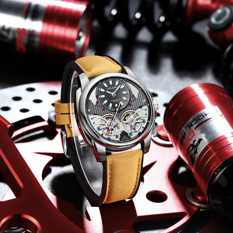 AILANG Double Tourbillon Series Luxury Mechanical Watch for Men Fashion Leather Strap Waterproof Automatic Skeleton Watches Mens
