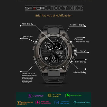 SANDA Montres de Luxe Hommes Militaire Armée Montre Homme Étanche Sport Montre-Bracelet Double Affichage Homme Relogio Masculino