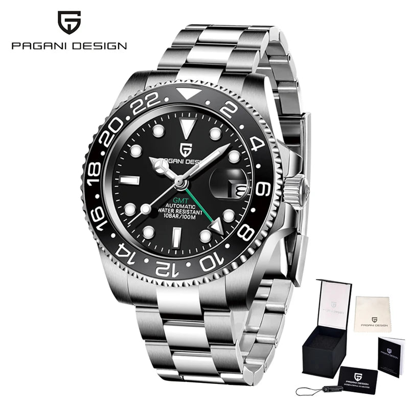 PAGANI DESIGN PD-1662 Luxury GMT Men Mechanical Wristwatch Sapphire Glass Stainless Steel 100M Waterproof Automatic Watches