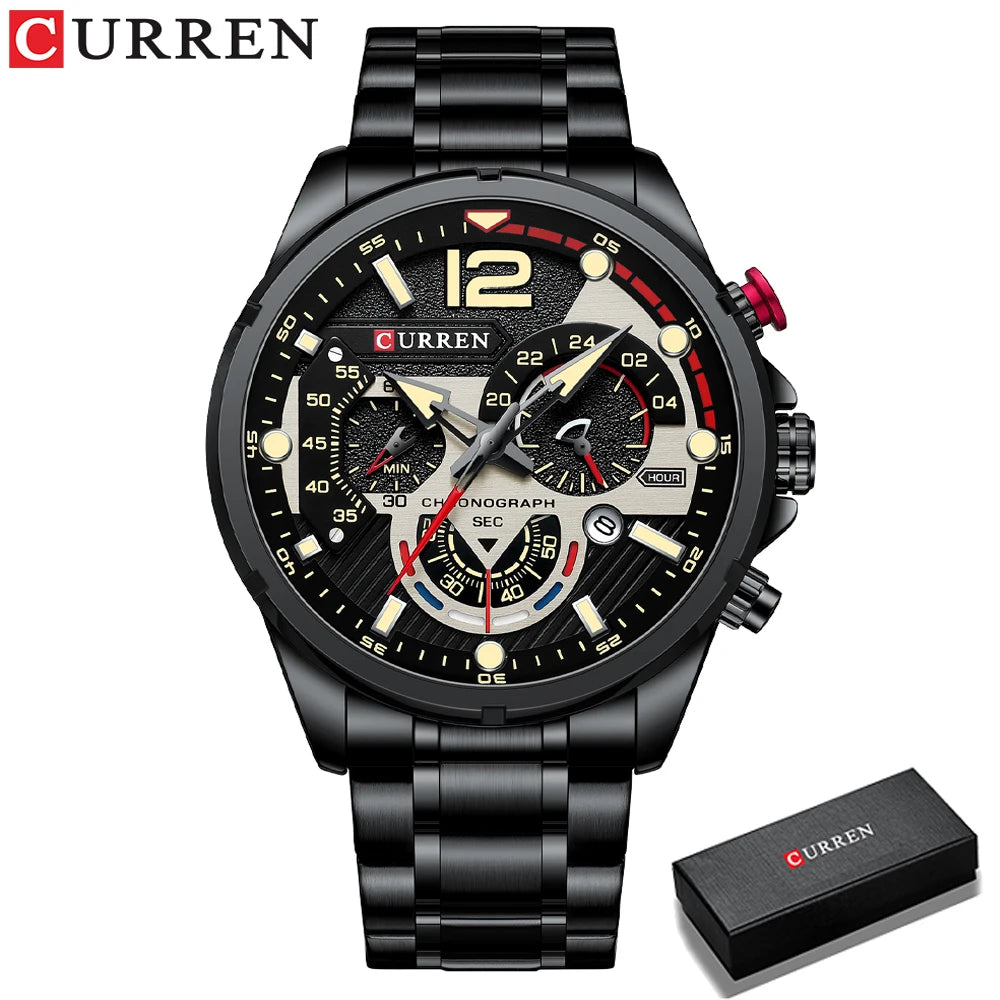 CURREN Montre à quartz mode homme, décontractée, sport, avec cadran chronographe en acier inoxydable et aiguilles lumineuses