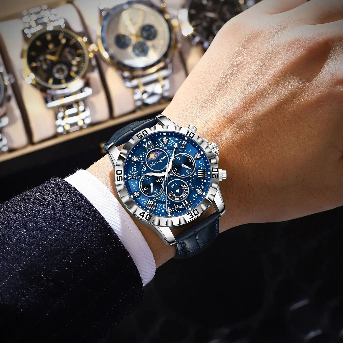 POEDAGAR Montre-bracelet de luxe multifonctionnelle pour homme Étanche Lumineuse Chronographe Montres de sport en cuir pour homme Montre à quartz pour homme