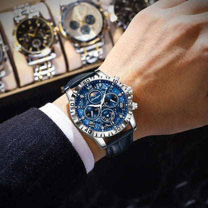 POEDAGAR Montre-bracelet de luxe multifonctionnelle pour homme Étanche Lumineuse Chronographe Montres de sport en cuir pour homme Montre à quartz pour homme