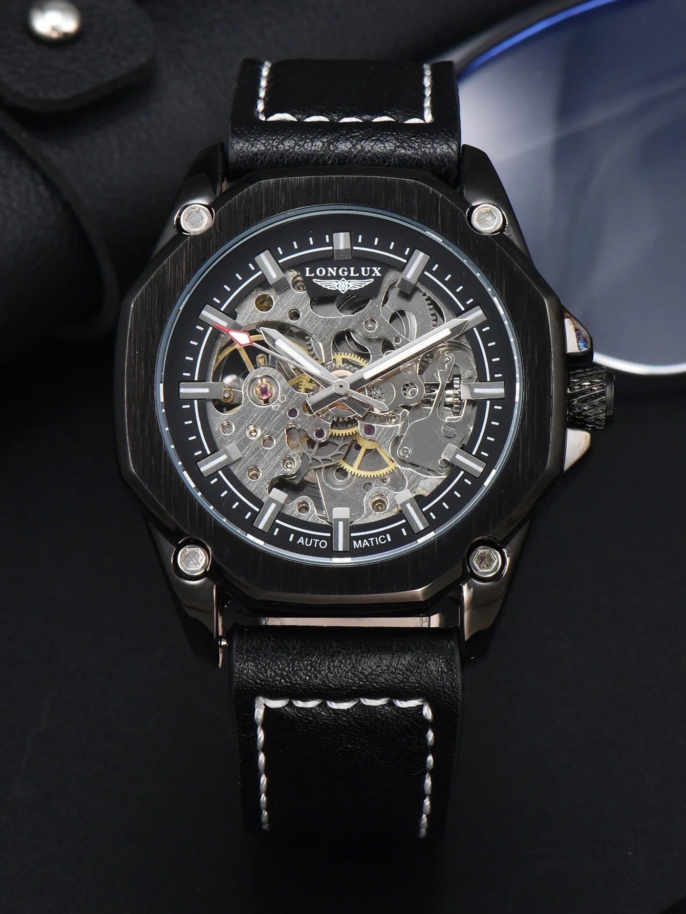 Men automatic watch waterproof sport skeleton mechanical watches outdoors fashion leather mens watch boyfriend gift