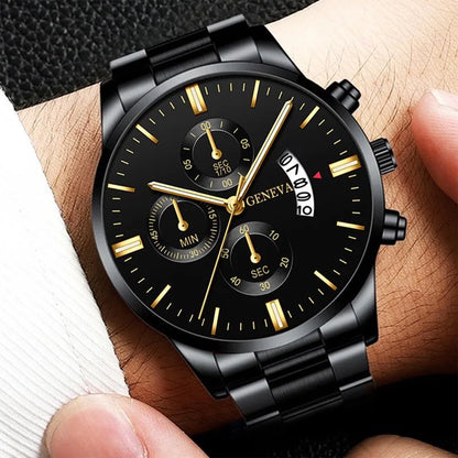 Men's stainless steel watch with calendar display and classic dial