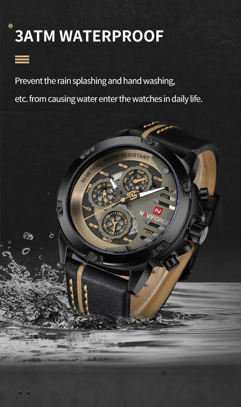 Montre Homme NAVIFORCE, Marque de Luxe, Étanche, Affichage 24 Heures, Date, Mouvement à Quartz, Bracelet en Cuir, Montre-Bracelet Sport pour Homme, Étanche