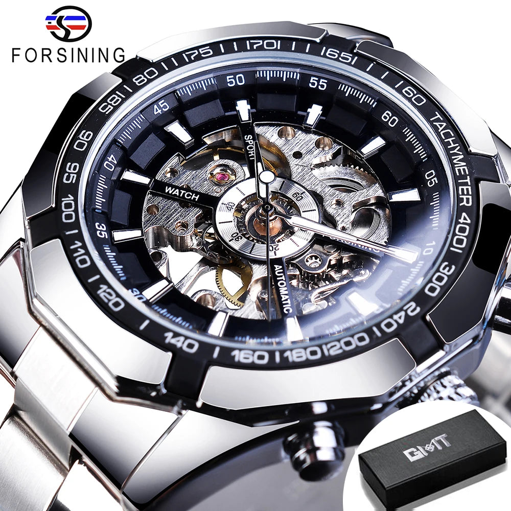 Forsining 2025 Montres Homme Squelette en Acier Inoxydable Étanche Marque de Luxe Transparente Mécanique Sport Montres-bracelets pour Hommes