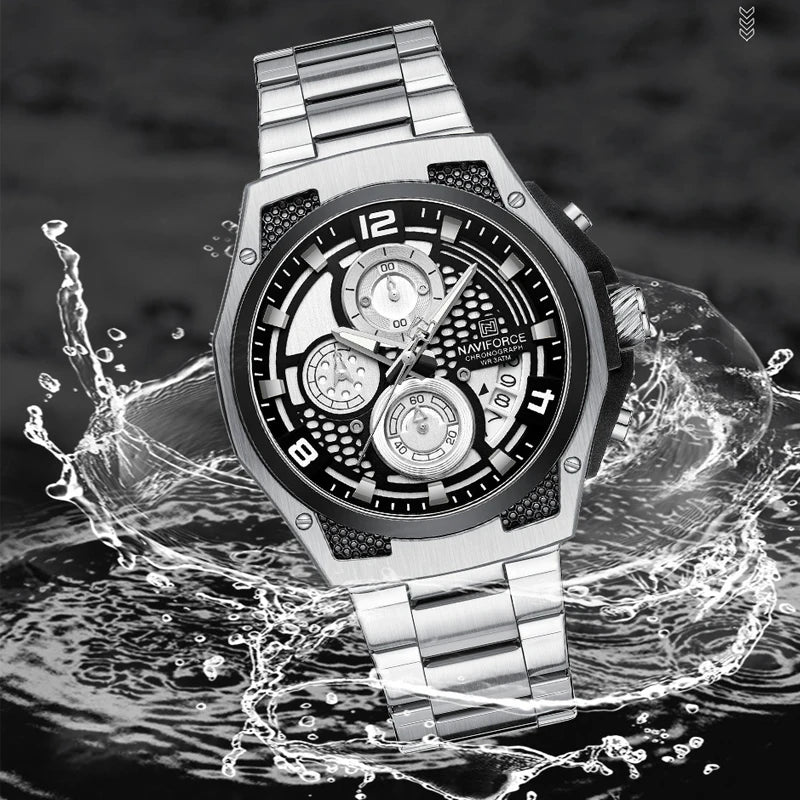 Montres Homme Sport Décontractées Marque NAVIFORCE Chronographe à Quartz Multifonction avec Affichage de la Date Bracelet en Acier Montre-Bracelet Reloj Hombre