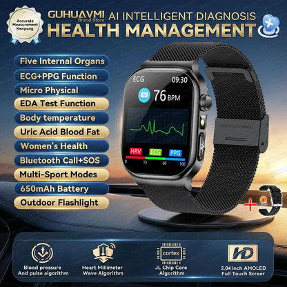 2026 Nouvelle Montre Connectée de Diagnostic Précis Graisse Corporelle ECG Oxygène Sanguin TA Santé Sport Écran AMOLED HD Appel Montres Intelligentes homme femme