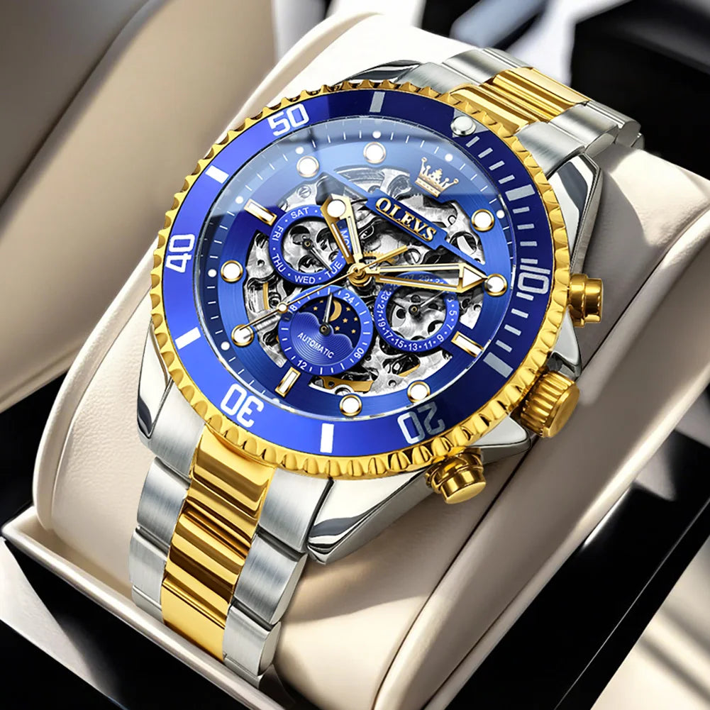 OLEVS 6715 Montre Homme Évidée Date Automatique Mécanique Pour Hommes 43mm Grand Cadran Phase de Lune Montre-Bracelet Étanche Tendance Pour Homme