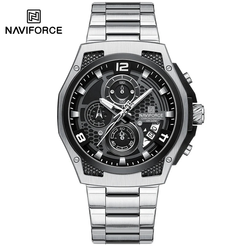 Montres Homme Sport Décontractées Marque NAVIFORCE Chronographe à Quartz Multifonction avec Affichage de la Date Bracelet en Acier Montre-Bracelet Reloj Hombre