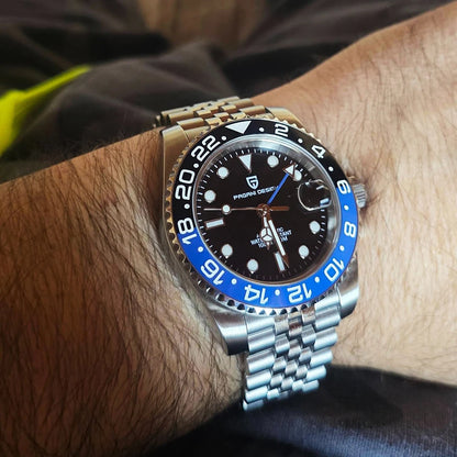 PAGANI DESIGN Montre GMT 40MM pour Homme, Saphir de Luxe, Mouvement Automatique AR, Lunette Céramique, Étanche 100M, Cadeau