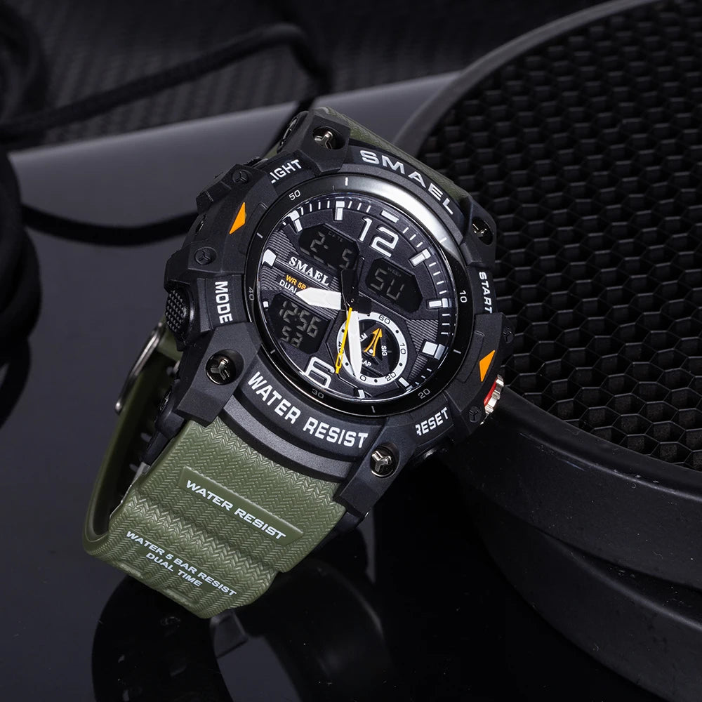 SMAEL Sport Watch Military Wristwatch for Men Alarm Stopwatch LED Digital Back Light Dual Time Display Waterproof Watch Men 8007