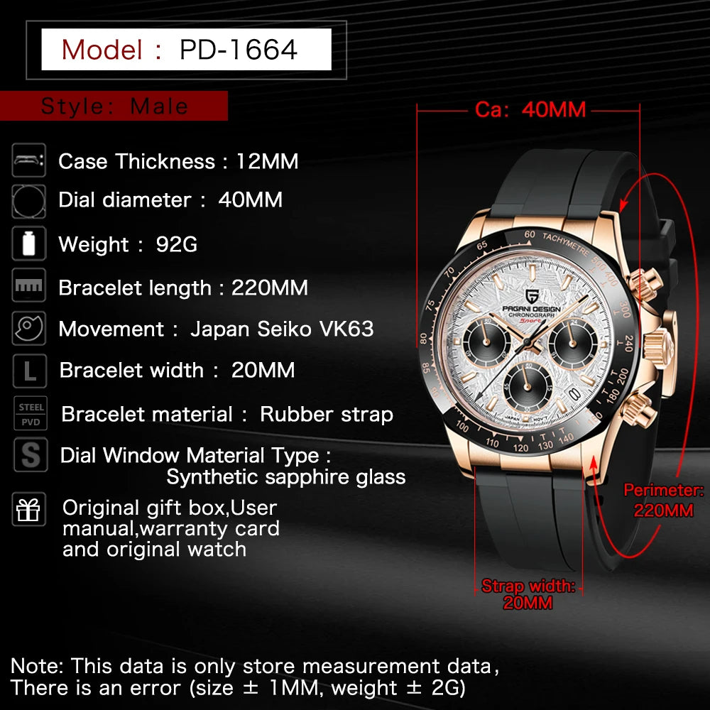 PAGANI DESIGN 2026 NOUVEAU 1664 Montre homme cadran météorite Montre de luxe en saphir à quartz pour hommes Chronographe sport pour hommes Reloj Hombre