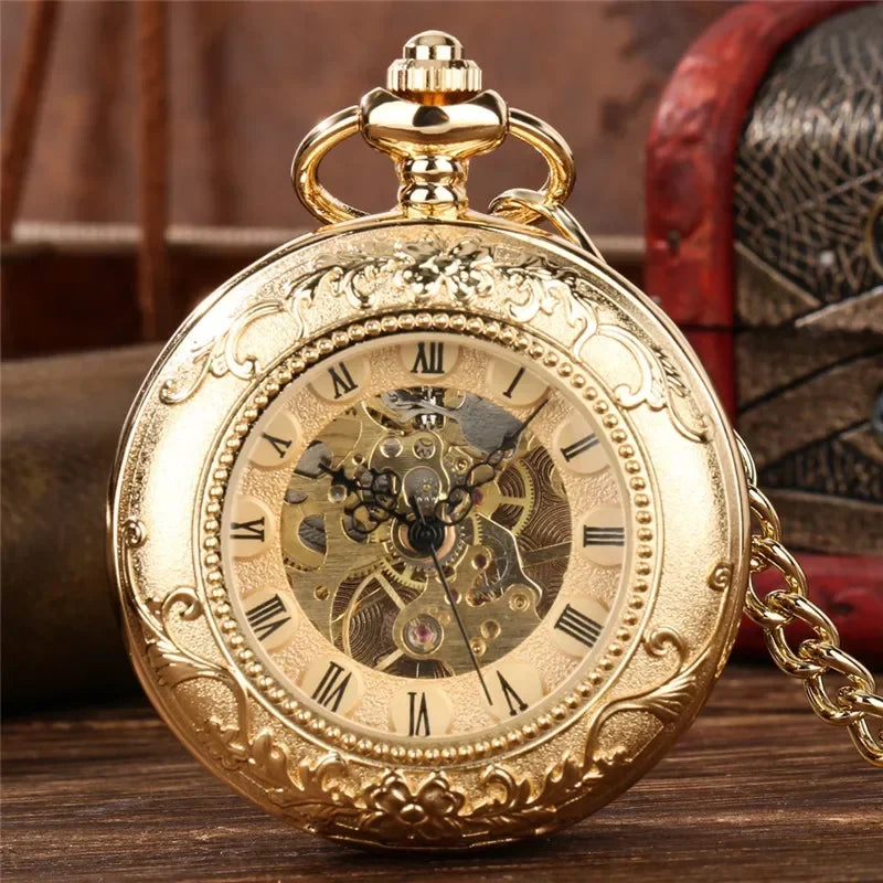 Luxury Golden Double Hunter Handwinding Mechanical Pocket Watch Roman Number Dial with Pendant Chain Retro Timepiece Gift