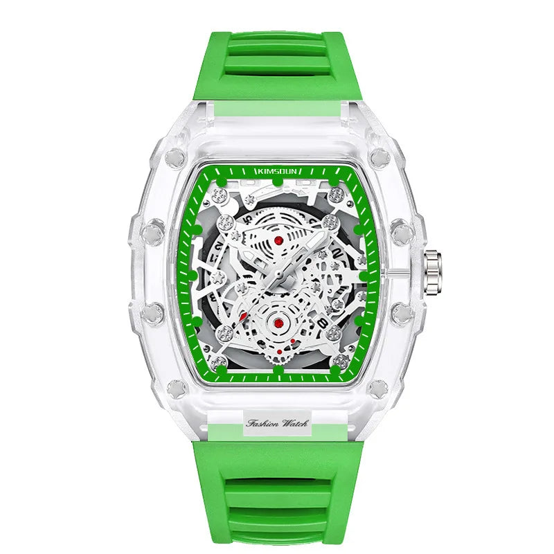 Montre Décontractée Tendance pour Homme Montre à Quartz pour Homme avec Cadran Lumineux, Fonction Calendrier, Bracelet en Silicone, Boîtier Transparent en Forme de Tonneau Reloj