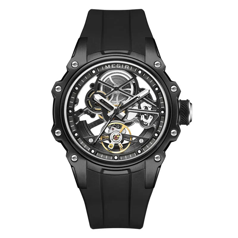 MEGIR Sports Automatic Mechanical Watch for Men Fashion Stainless Steel Cased Wristwatch with White Silicone Strap Skeleton Dial