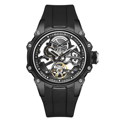 MEGIR Sports Automatic Mechanical Watch for Men Fashion Stainless Steel Cased Wristwatch with White Silicone Strap Skeleton Dial