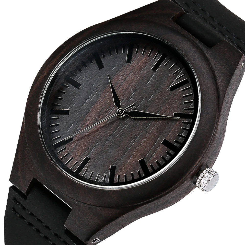 Montre-bracelet Bob Bird Watch à quartz en cuir véritable noir