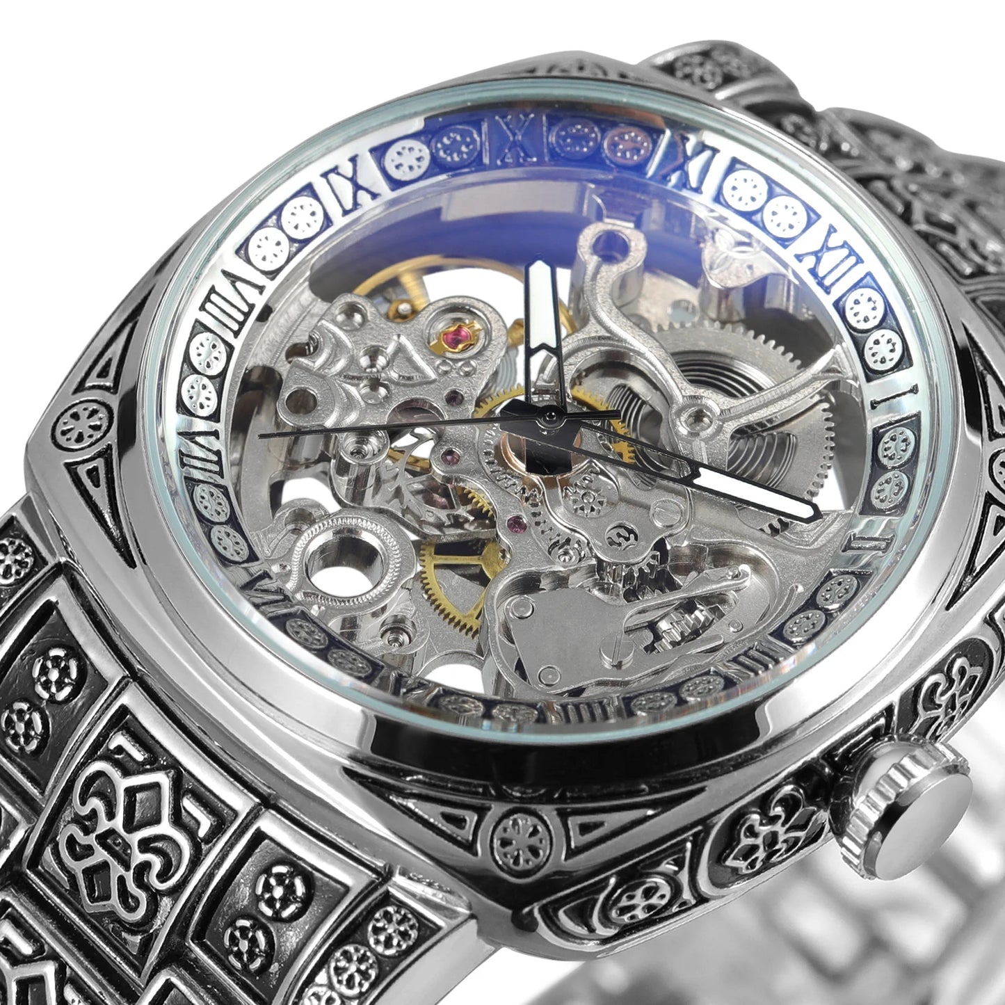 Forsining Gold Square Skeleton Automatic Mechanical Watches Engraved Design Luminous Hands Stainless Steel Strap Retro Men Watch