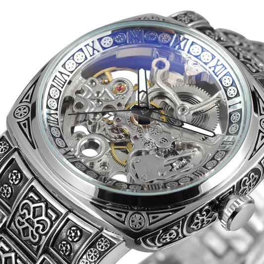 Forsining Gold Square Skeleton Automatic Mechanical Watches Engraved Design Luminous Hands Stainless Steel Strap Retro Men Watch