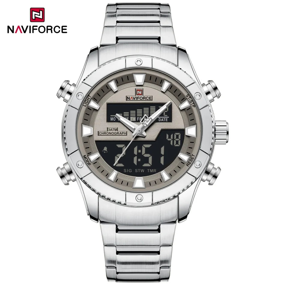 Montre NAVIFORCE Originale Neuve pour Hommes Double Affichage Heure Étanche Acier Inoxydable Multifonction Compte à Rebours Sports Réveil