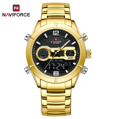 Montre de sport militaire de luxe NAVIFORCE pour hommes, lumineuse, étanche, bracelet en acier, affichage double numérique à quartz, montre-bracelet masculine.
