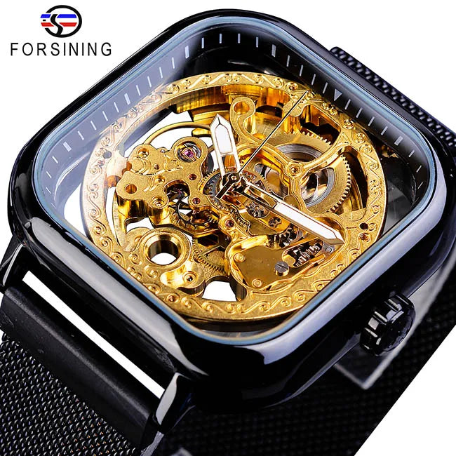 Forsining Montres mécaniques pour hommes, à remontage automatique, dorées transparentes, mode, maille acier, montre-bracelet squelette pour homme, chaude du moment