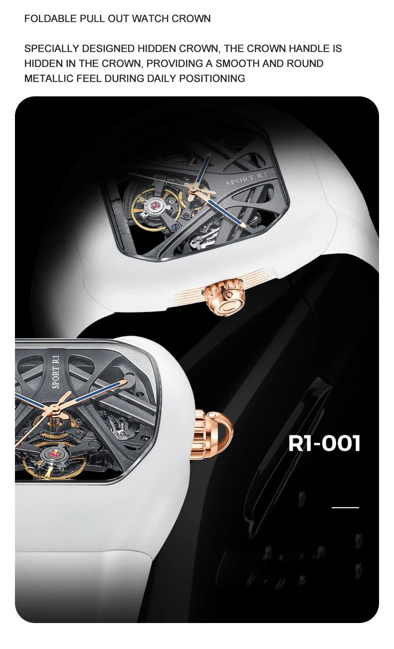 ChronoState CRONUSART R1-002 49MM – Montre tonneau squelette automatique | Montre mécanique en caoutchouc fluoré