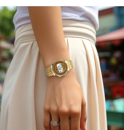 Montre électronique LED décontractée pour femmes, montre numérique LED rétro à bracelet en acier inoxydable pour dames, montre-bracelet de sport multifonction