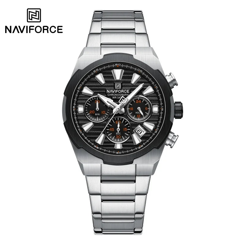 Montre-bracelet à quartz NAVIFORCE pour homme, multifonctionnelle, avec calendrier, chronomètre, lumineuse, étanche 30 ATM, bracelet en acier inoxydable