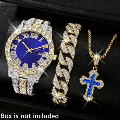 3 montres de luxe pour homme, bracelet, collier, ensemble, mode Hip Pop, montres à quartz avec calendrier pour homme, Reloj Mujer (sans boîte)