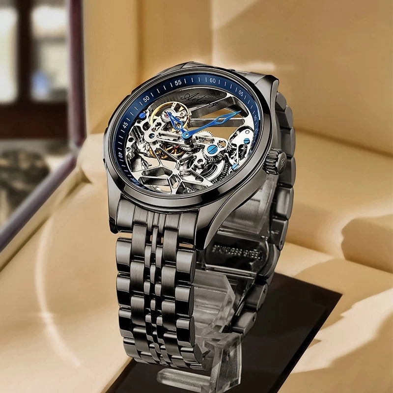AILANG NEW Skeleton Automatic Movement Watch For Men Mechanical Luxury Black Steel Watches Mens Horloge Tourbillon 2023