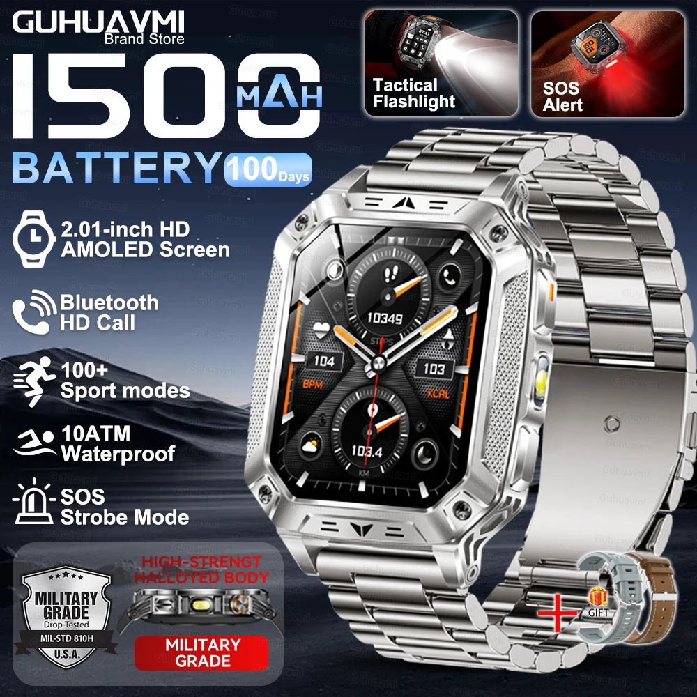 Montre Intelligente Militaire Homme 1500mAh Longue Autonomie Sport Extérieur Montre Connectée Homme Étanche 10ATM Fréquence Cardiaque Appel BT Grande Batterie