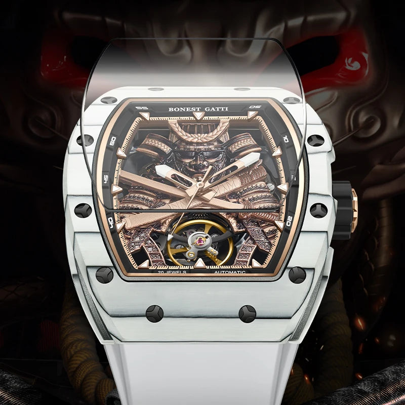 BONEST GATTI Montre-bracelet mécanique à mouvement automatique pour hommes, cadran squelette Warrior grand format, verre saphir