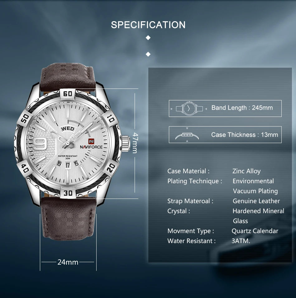Montres NAVIFORCE militaires sportives lumineuses de luxe pour hommes, affichage du jour et de la date, étanches, en cuir, montres-bracelets à quartz pour hommes