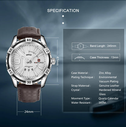 Montres NAVIFORCE militaires sportives lumineuses de luxe pour hommes, affichage du jour et de la date, étanches, en cuir, montres-bracelets à quartz pour hommes