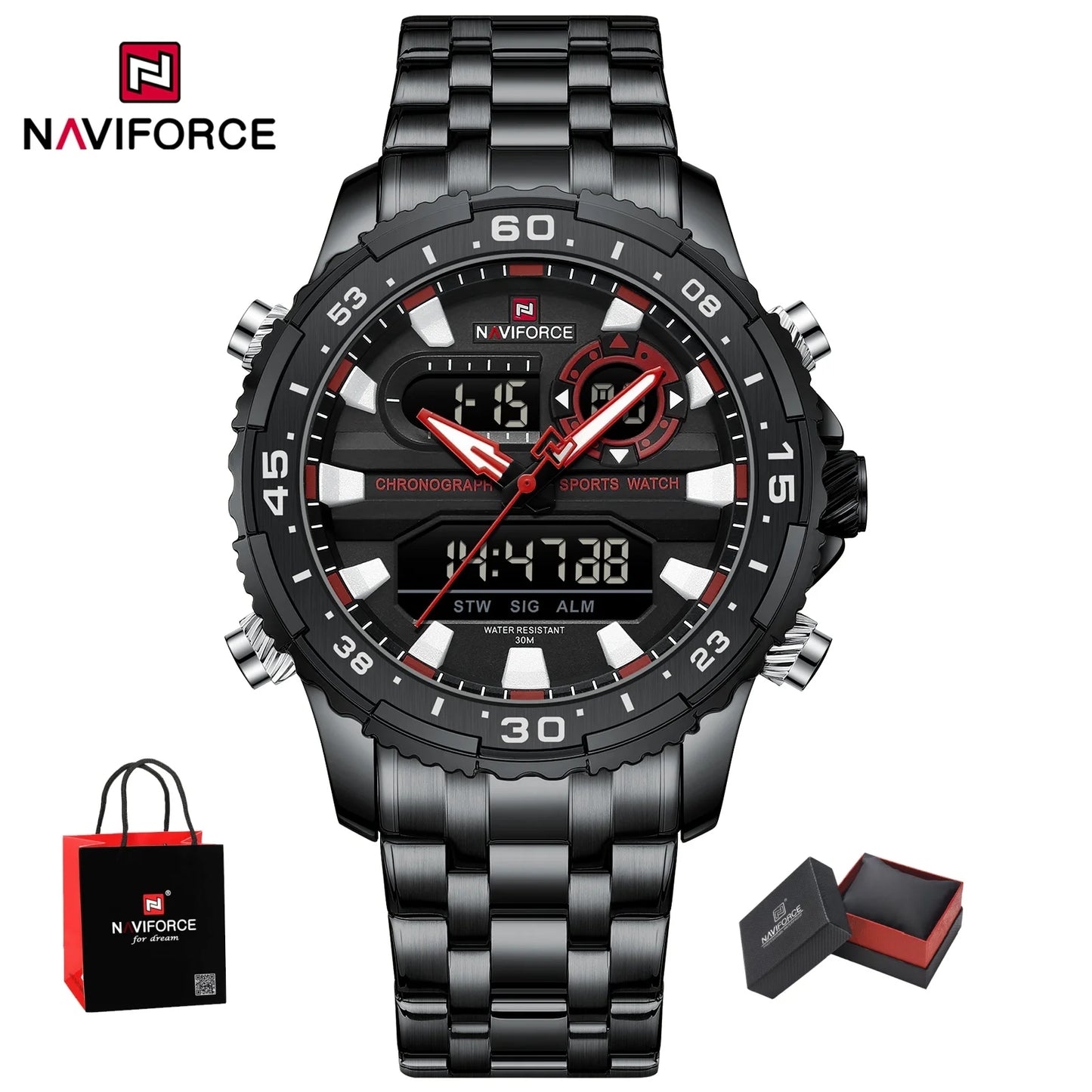Top Marque NAVIFORCE Montre Homme Analogique LCD Numérique Bracelet en Acier Inoxydable Étanche Date Horloge Cadeaux