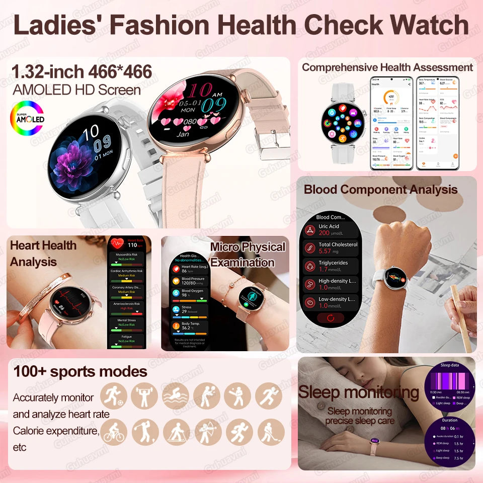 Montre Intelligente Femme 2026 Nouvelle Génération IA Diagnostic Intelligent HRV+ECG Acide Urique Oxygène Sanguin Moniteur de Santé IP68 Étanche Montre Connectée Sport