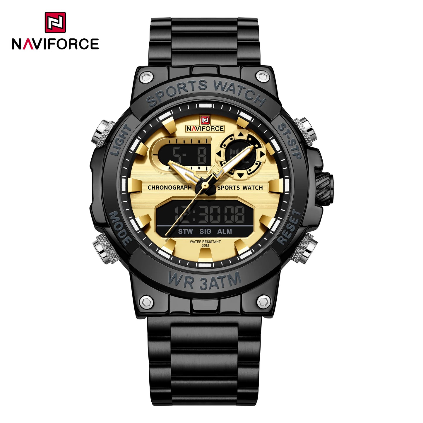 Montre numérique à quartz NAVIFORCE pour hommes, étanche, lumineuse, avec date, bracelet en acier inoxydable, chronographe, montres de sport