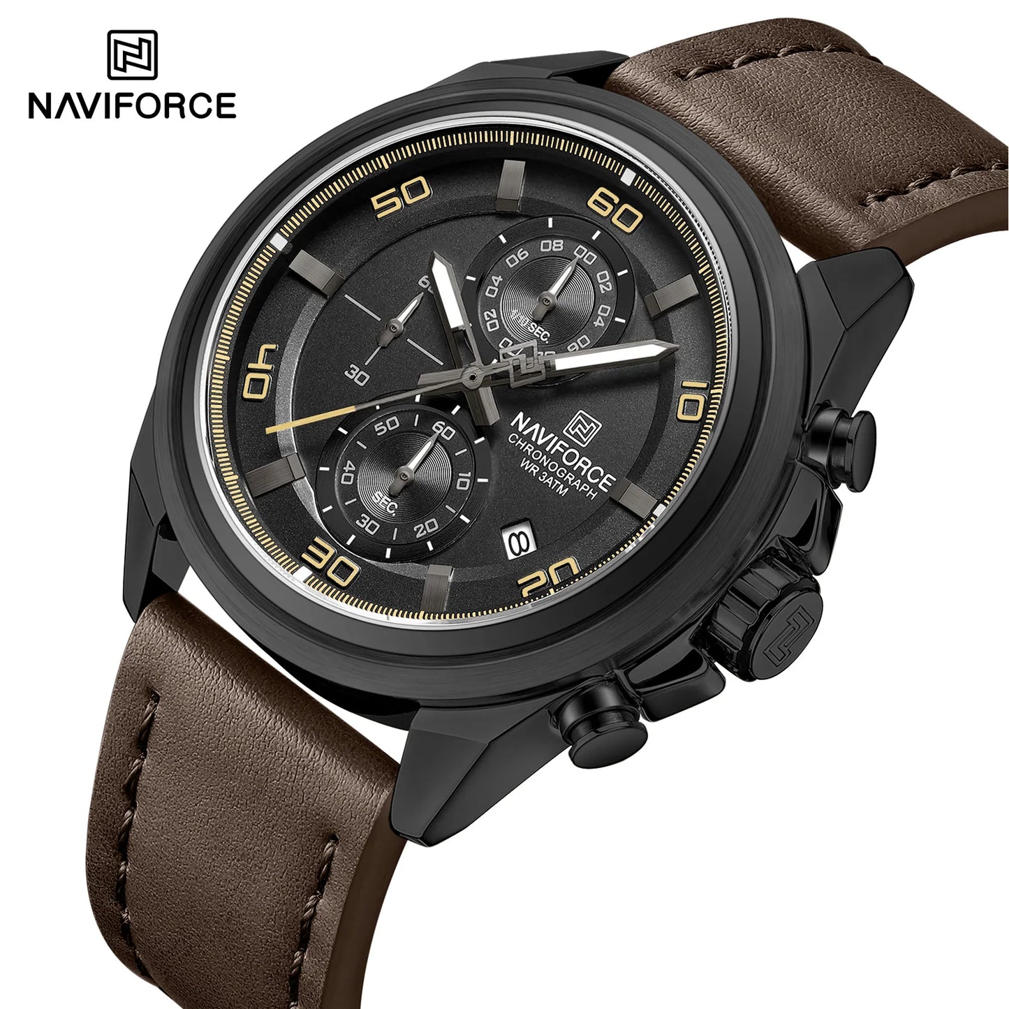 Montres étanches NAVIFORCE pour hommes Montre-bracelet à quartz de luxe en cuir véritable pour hommes Chronographe militaire tendance