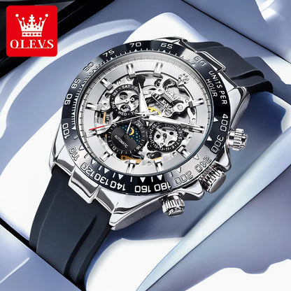 OLEVS 6713 Business Men's Watches Moon Phase Luminous Calendar Skeleton Automatic Mechanical Wristwatch for Man