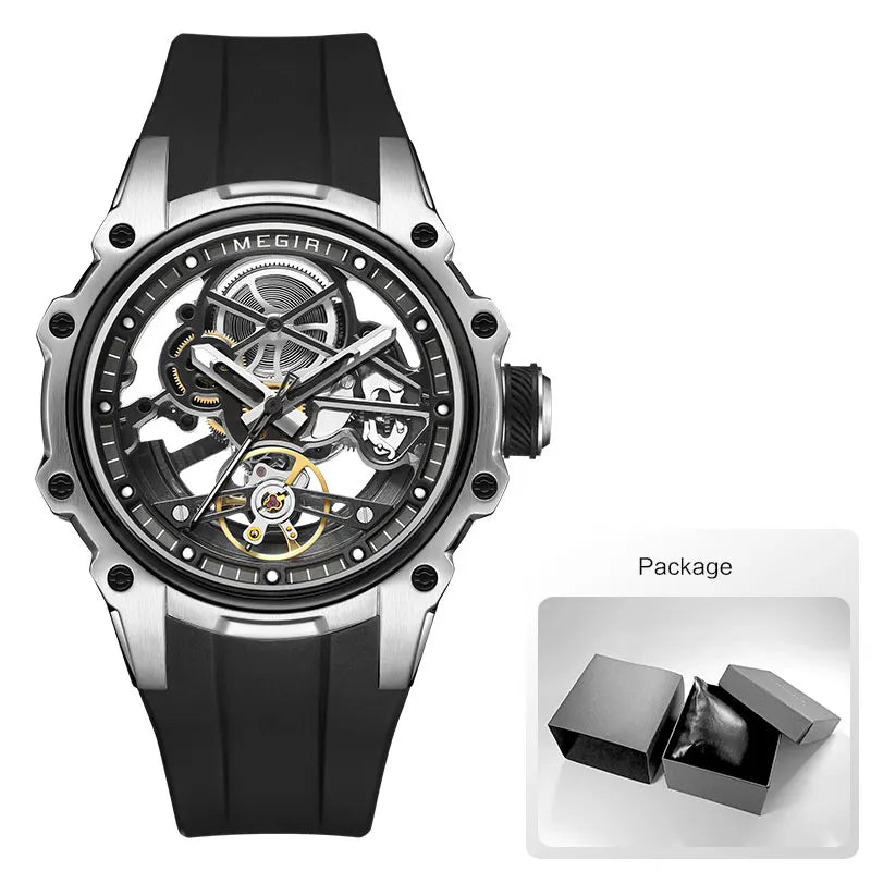 MEGIR Sports Automatic Mechanical Watch for Men Fashion Stainless Steel Cased Wristwatch with White Silicone Strap Skeleton Dial