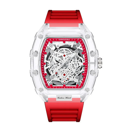 Montre Décontractée Tendance pour Homme Montre à Quartz pour Homme avec Cadran Lumineux, Fonction Calendrier, Bracelet en Silicone, Boîtier Transparent en Forme de Tonneau Reloj