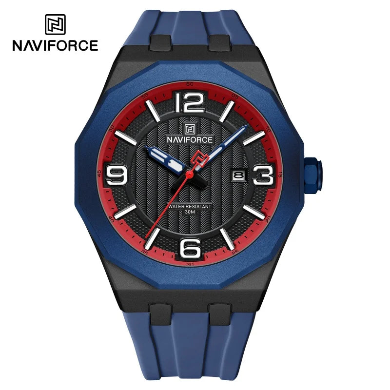 NAVIFORCE 8079 Montre à Quartz Tendance pour Hommes Étanche Veilleuse Calendrier Bracelet en Silicone Montre Décontractée pour Hommes relógios masculino