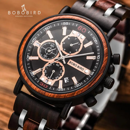 Relogio Masculino BOBO BIRD Montre Homme en Bois de Marque de Luxe Élégante Chronographe Militaire dans une Boîte en Bois reloj hombre
