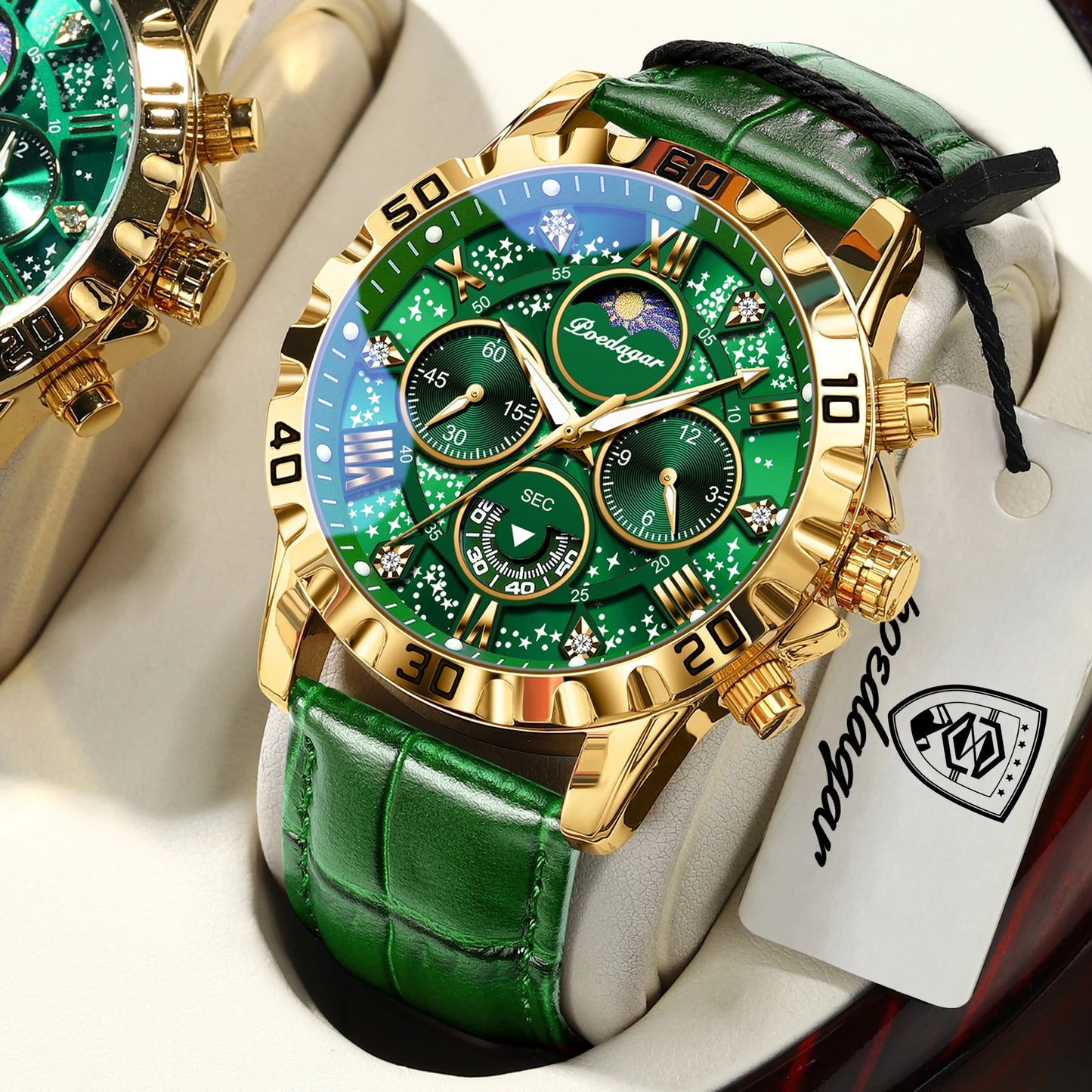 POEDAGAR Montre-bracelet de luxe multifonctionnelle pour homme Étanche Lumineuse Chronographe Montres de sport en cuir pour homme Montre à quartz pour homme